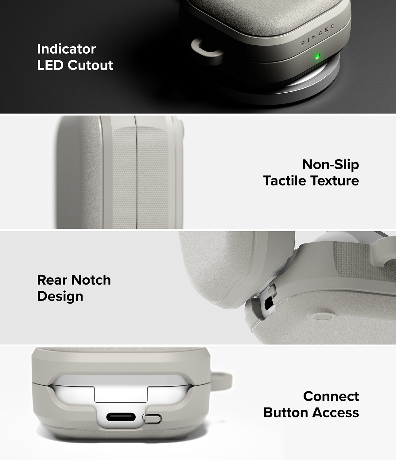 Galaxy Buds 4 Pro / 4 Case | Onyx Magnetic - Four panels showing LED cutout, textured grip, rear notch, and button access.