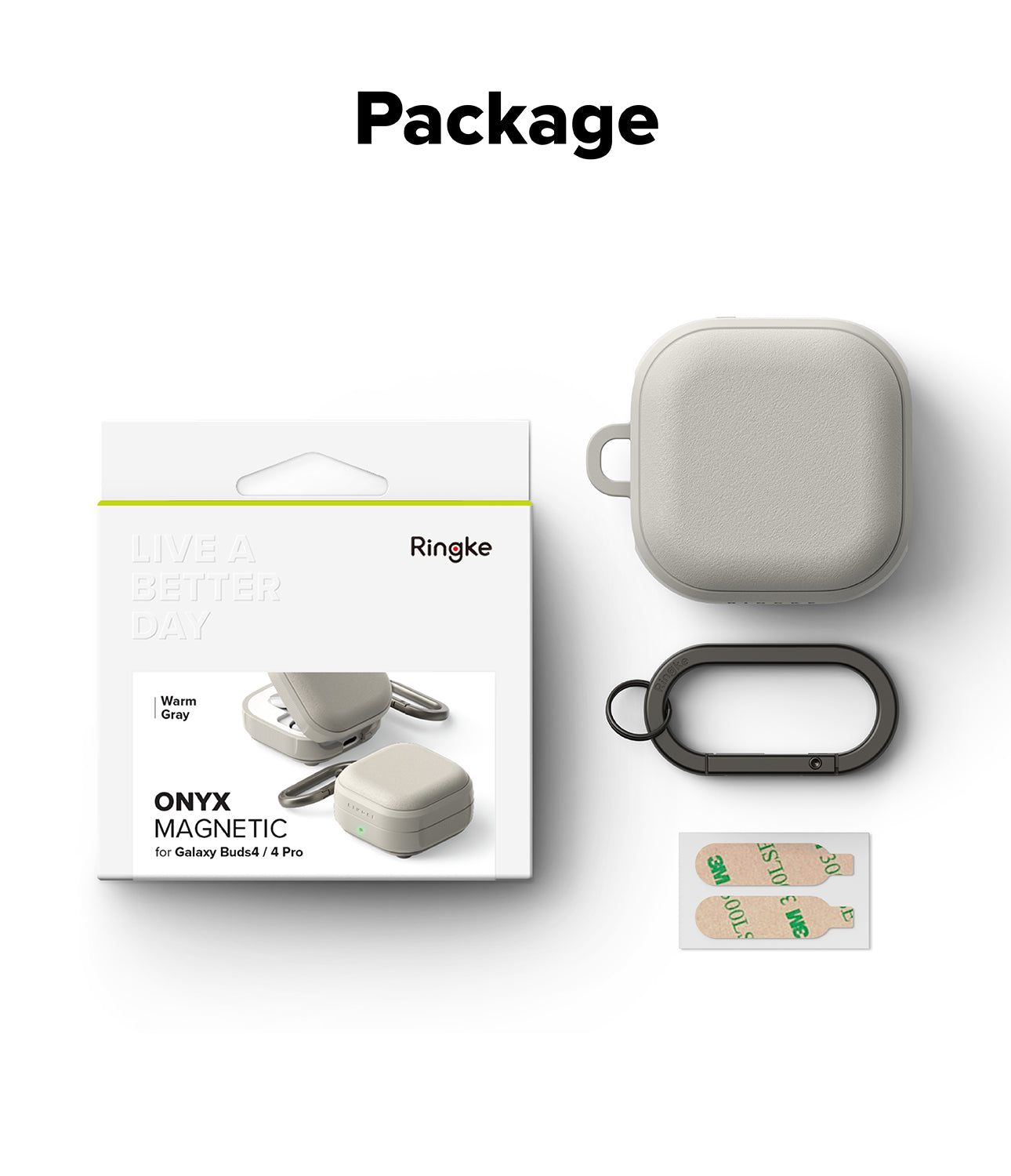 Galaxy Buds 4 Pro / 4 Case | Onyx Magnetic - Ringke case packaging, warm gray earbud case, carabiner, and adhesive strips.