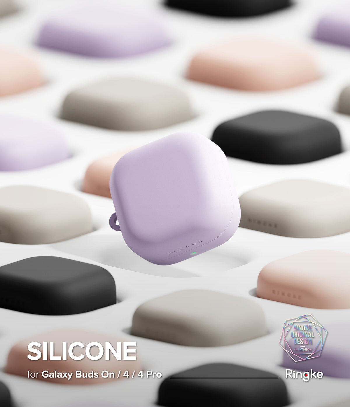 Samsung Galaxy Buds On / 4 Pro / 4 Case | Silicone - A lavender silicone case floats above a grid of colorful earbud cases.