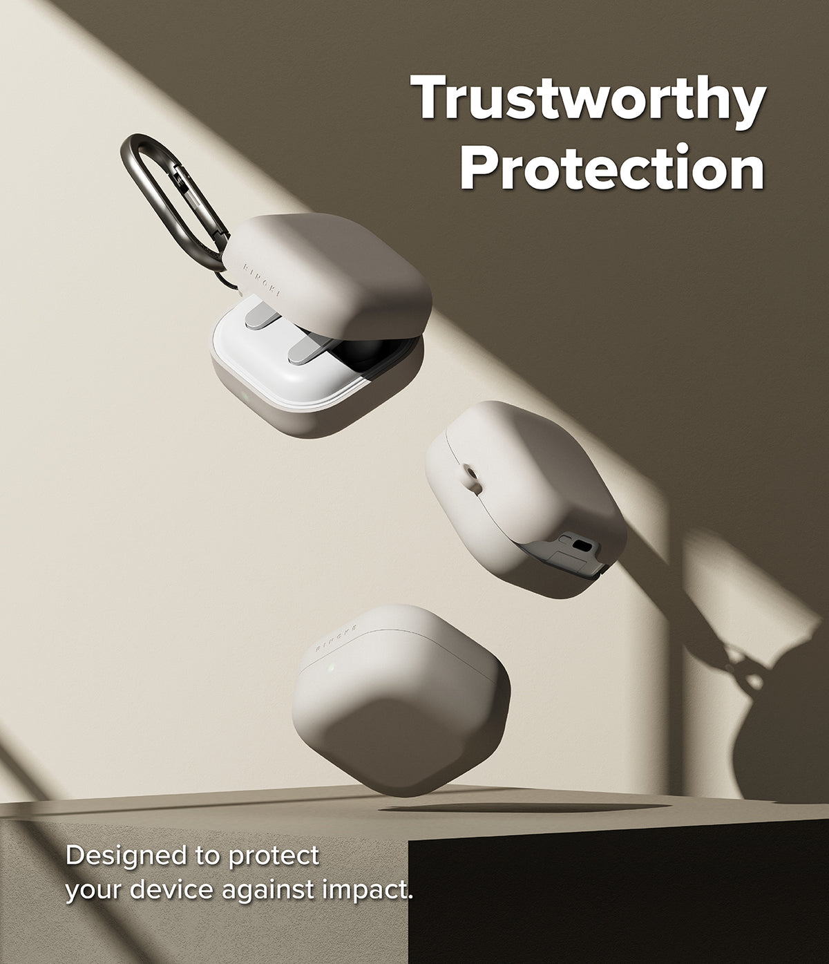 Samsung Galaxy Buds On / 4 Pro / 4 Case | Silicone - Three beige silicone cases for Galaxy Buds floating against a neutral background.