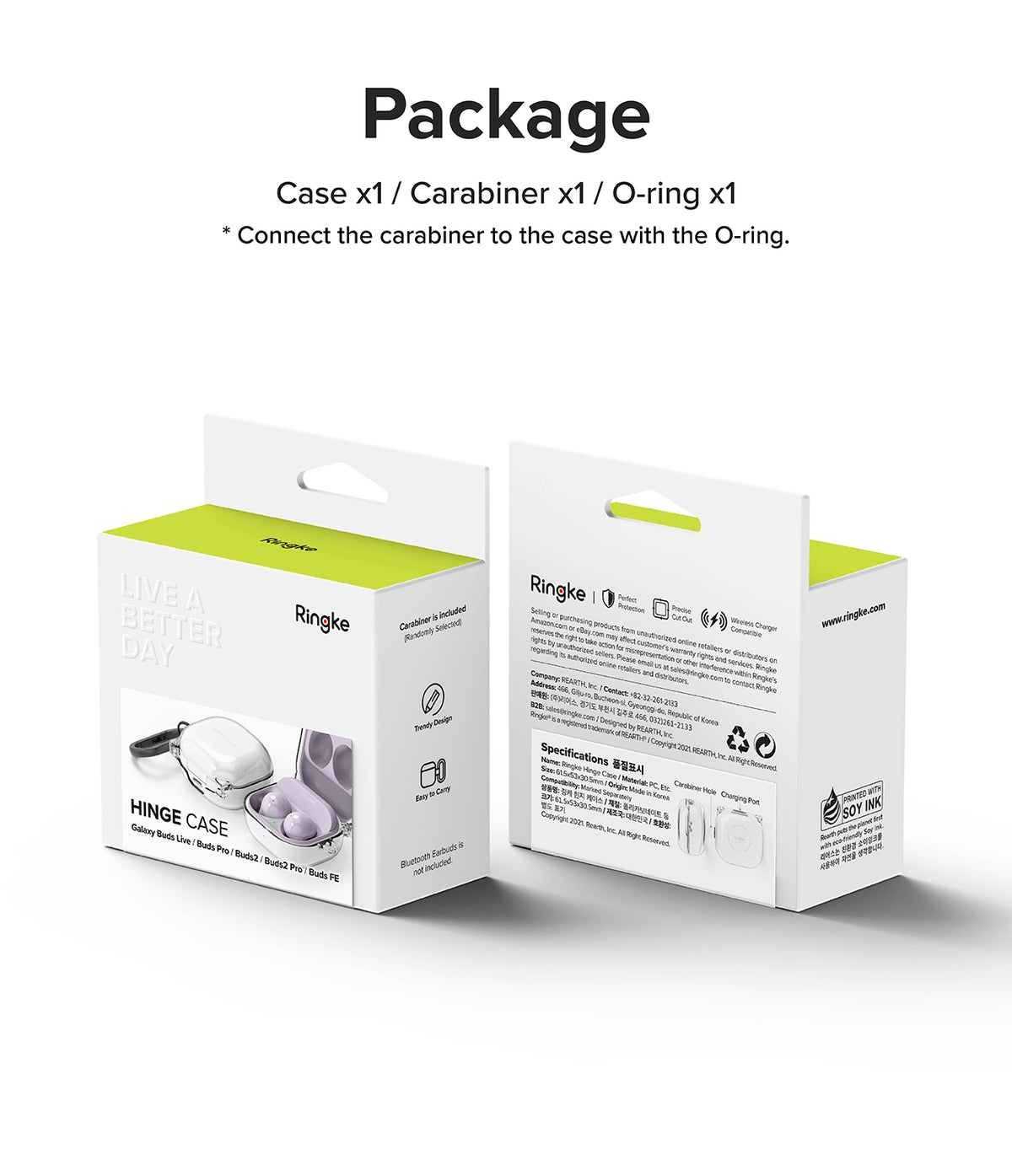 Galaxy Buds FE / 2 Pro / Buds 2 / Galaxy Buds Pro / Live Case | Hinge - Clear - Two views of Ringke Hinge Case packaging.