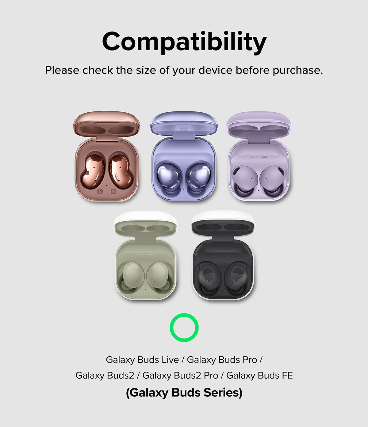 Galaxy Buds FE / 2 Pro / Buds 2 / Galaxy Buds Pro / Live Case | Hinge - Clear - Compatibility chart showing five open Galaxy Buds charging cases in various colors.