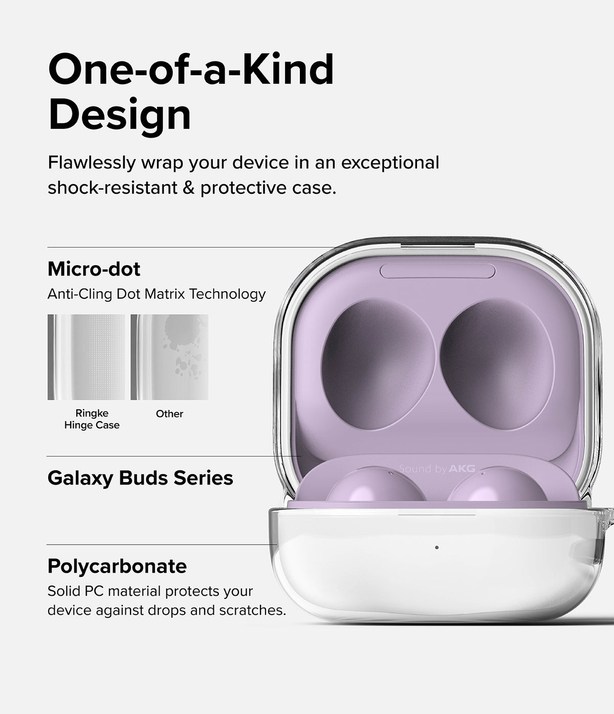 Galaxy Buds FE / 2 Pro / Buds 2 / Galaxy Buds Pro / Live Case | Hinge - Clear - Clear protective case on purple earbuds.