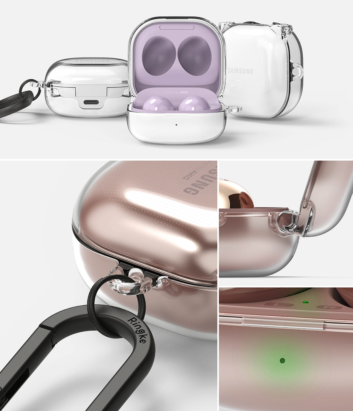 Galaxy Buds FE / 2 Pro / Buds 2 / Galaxy Buds Pro / Live Case | Hinge - Clear - Clear protective case with black carabiner.