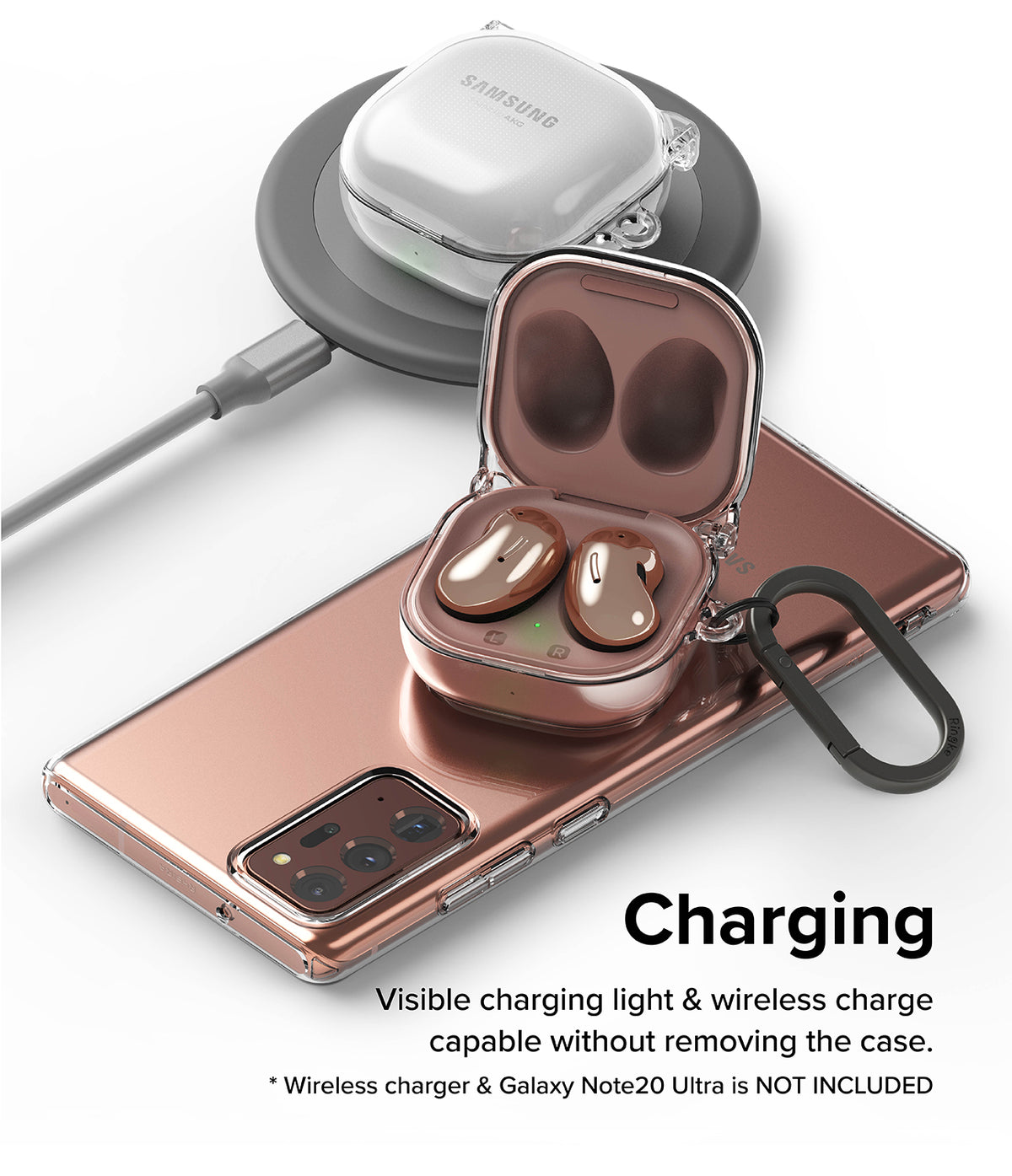 Galaxy Buds FE / 2 Pro / Buds 2 / Galaxy Buds Pro / Live Case | Hinge - Clear - Clear case on open bronze earbuds.