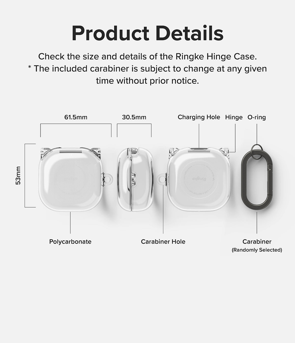 Galaxy Buds FE / 2 Pro / Buds 2 / Galaxy Buds Pro / Live Case | Hinge - Clear - Technical diagram showing case dimensions.