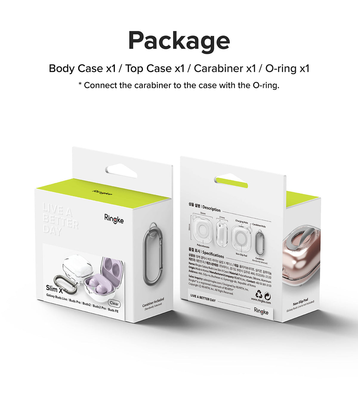 Galaxy Buds FE / 2 Pro / Buds 2 / Galaxy Buds Pro / Live Case | Slim-X - Packaging showing case components and specs.