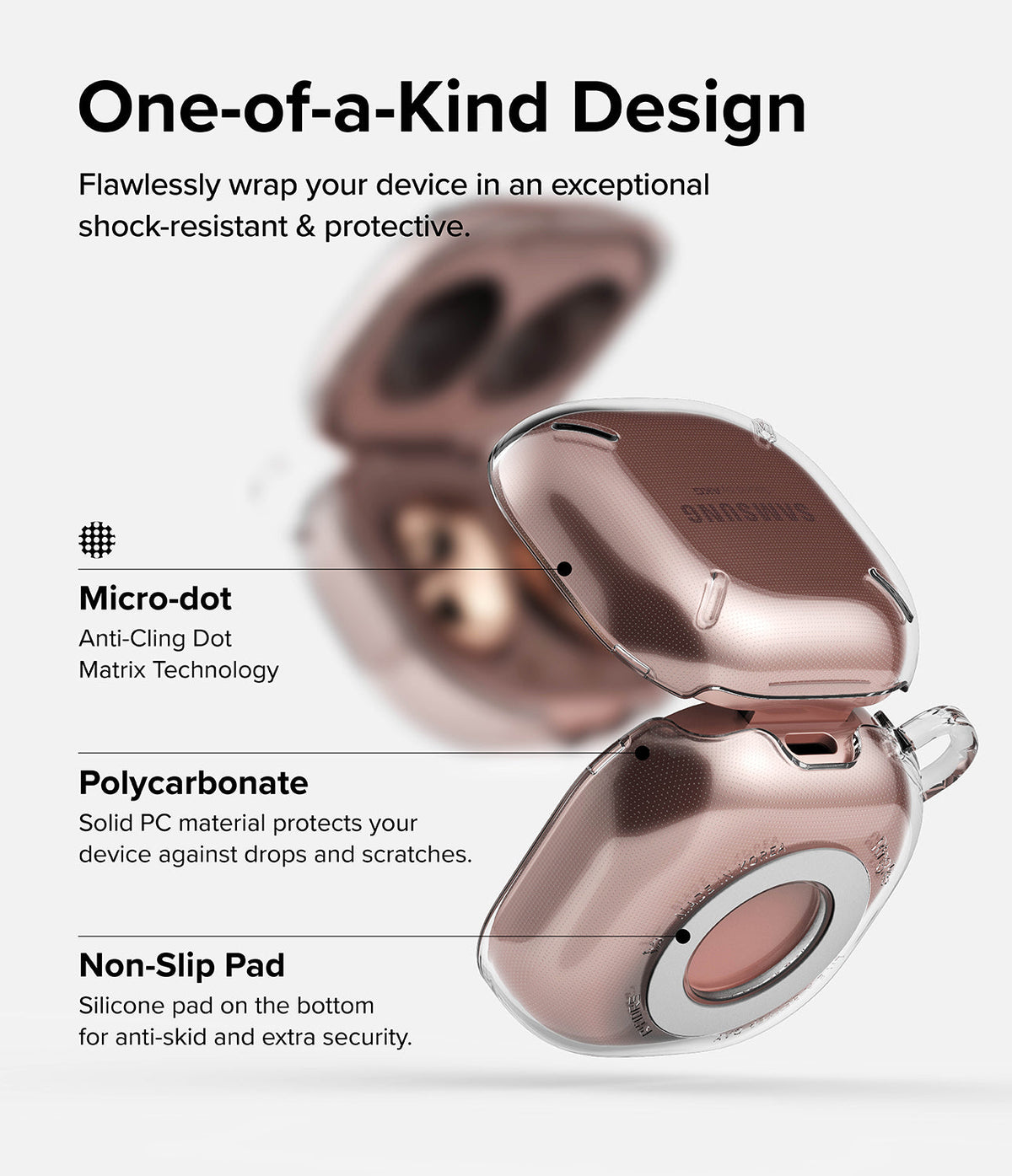 Galaxy Buds FE / 2 Pro / Buds 2 / Galaxy Buds Pro / Live Case | Slim-X - Clear protective case on rose gold earbuds.