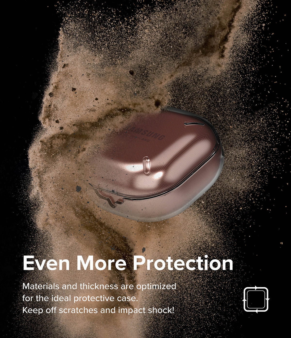 Galaxy Buds FE / 2 Pro / Buds 2 / Galaxy Buds Pro / Live Case | Slim-X - Earbud case covered in dust against black.