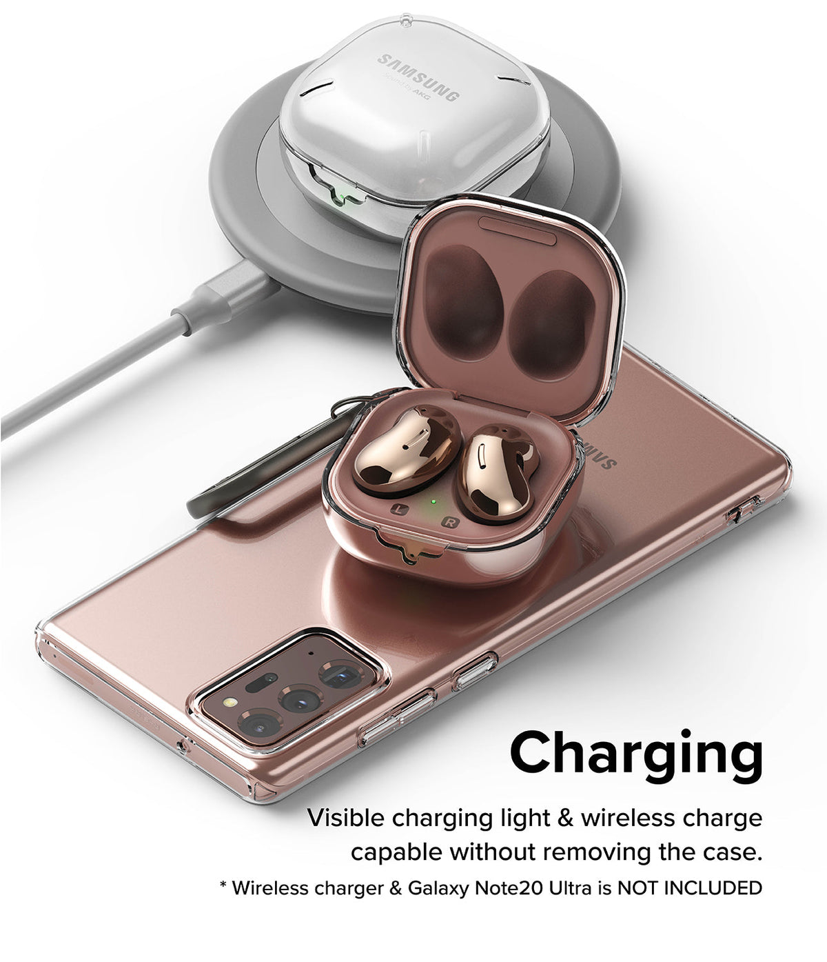 Galaxy Buds FE / 2 Pro / Buds 2 / Galaxy Buds Pro / Live Case | Slim-X - Rose gold Galaxy Buds Live in a clear case.