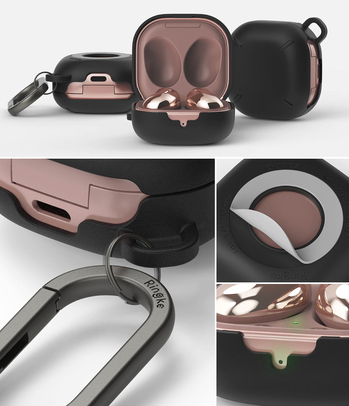 Galaxy Buds FE / 2 Pro / Buds 2 / Galaxy Buds Pro / Live Case | Slim-X - Matte black protective case with rose gold accents.