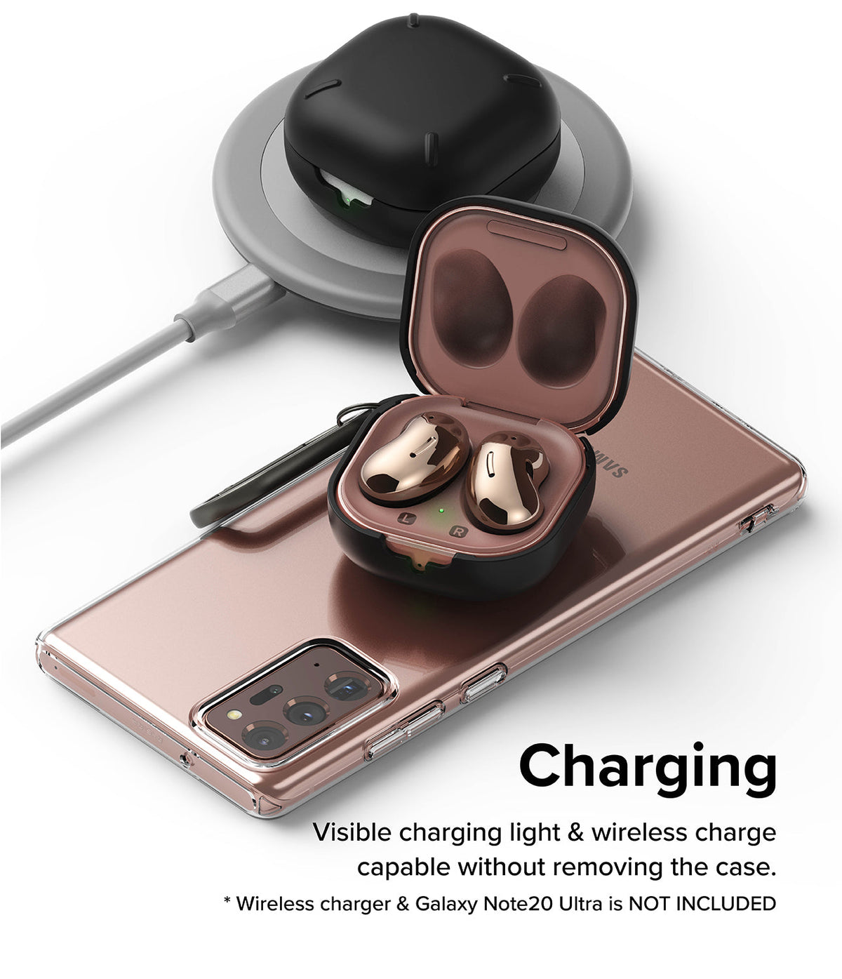 Galaxy Buds FE / 2 Pro / Buds 2 / Galaxy Buds Pro / Live Case | Slim-X - Open earbud case on phone and charging pad.