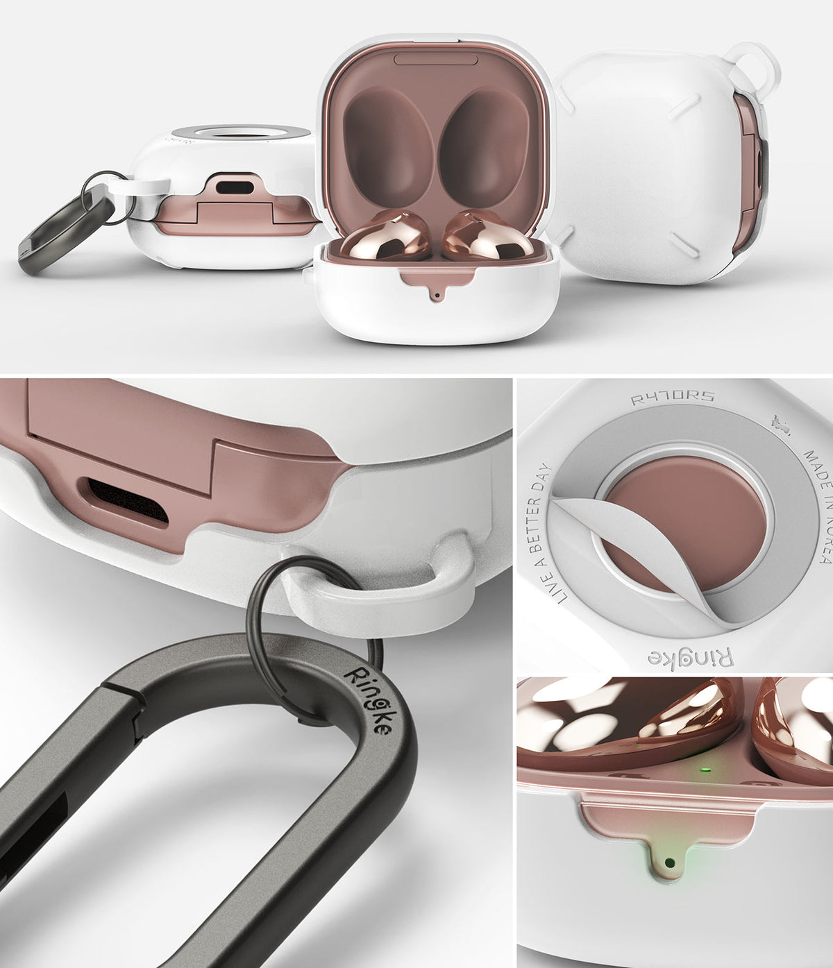 Galaxy Buds FE / 2 Pro / Buds 2 / Galaxy Buds Pro / Live Case | Slim-X - White and rose gold protective case with carabiner.