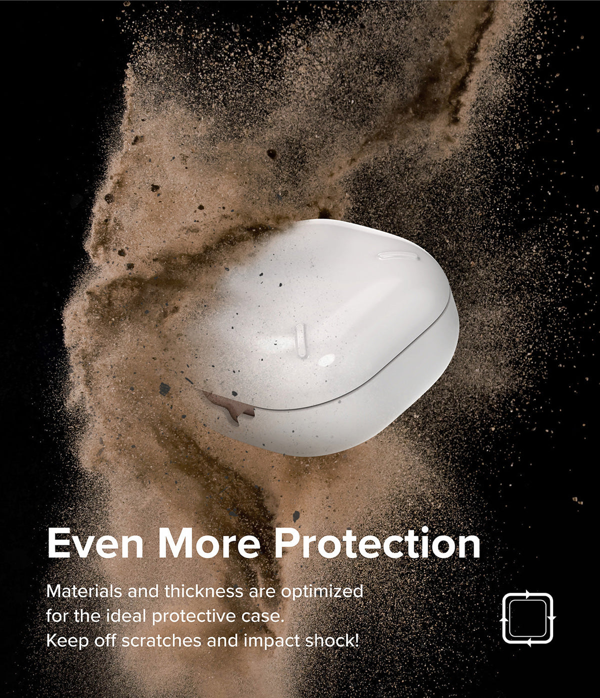 Galaxy Buds FE / 2 Pro / Buds 2 / Galaxy Buds Pro / Live Case | Slim-X - White earbud case surrounded by swirling dust.