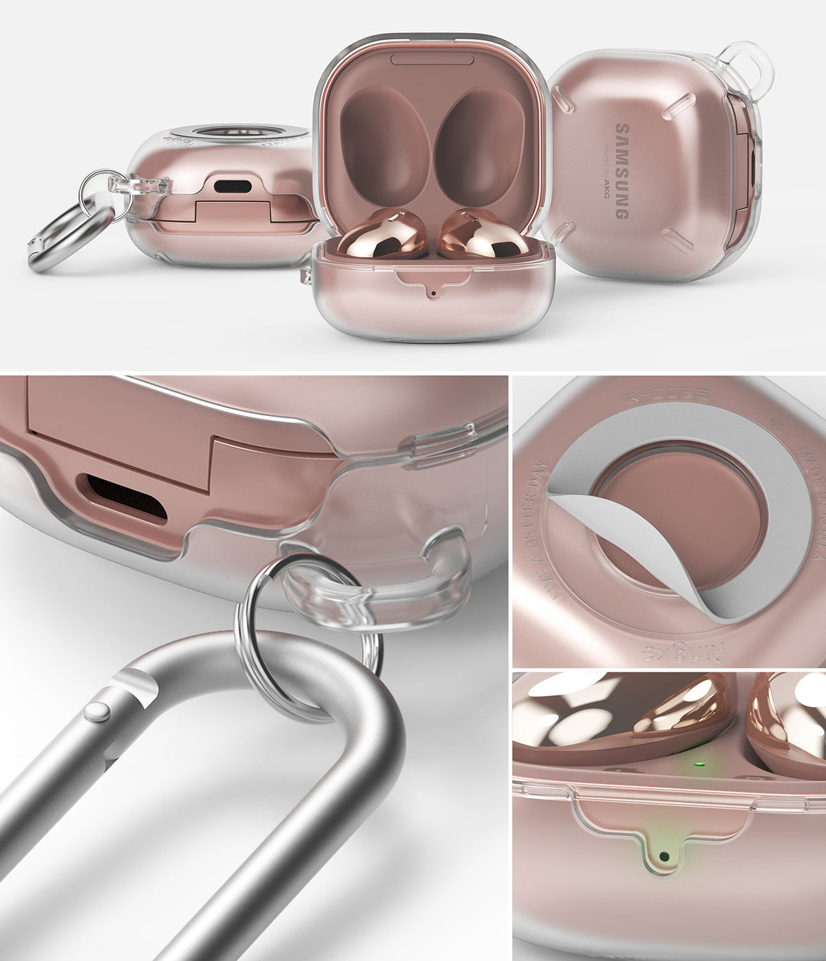 Galaxy Buds FE / 2 Pro / Buds 2 / Galaxy Buds Pro / Live Case | Slim-X - Rose gold earbuds in a clear protective case.