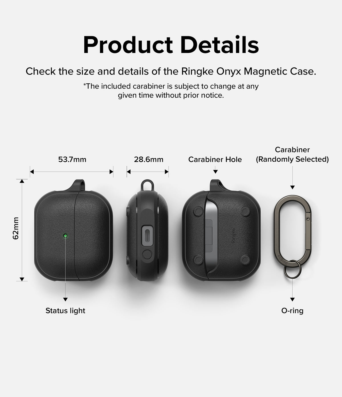 Galaxy Buds 3 Pro / 3 / 3 FE | Onyx Magnetic - Technical diagram showing dimensions and features of the black case.