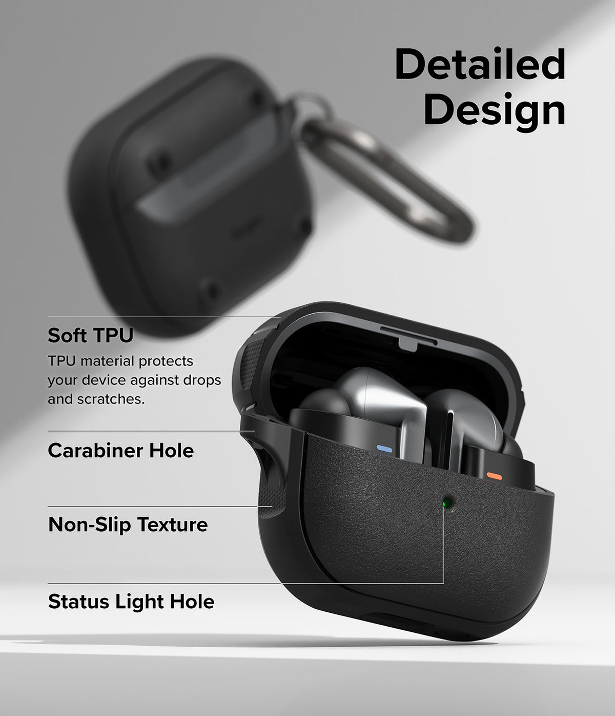 Galaxy Buds 3 Pro / 3 / 3 FE | Onyx Magnetic - Black TPU case for Galaxy Buds with carabiner, non-slip texture, and LED hole.