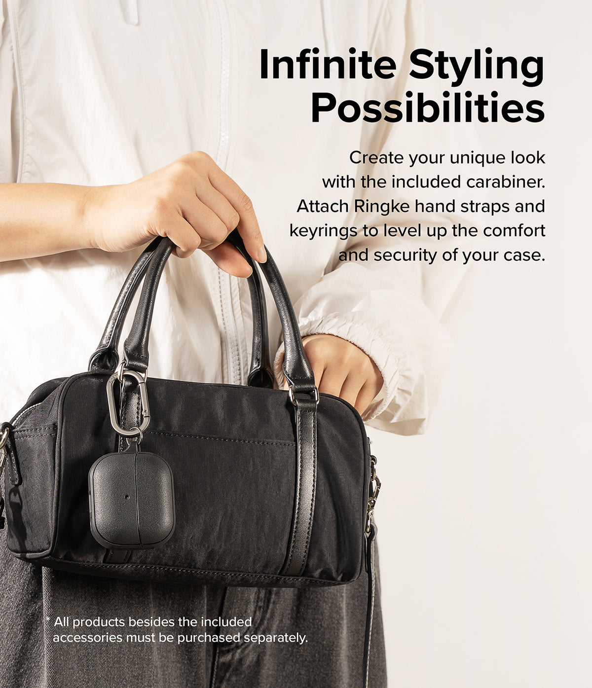 Galaxy Buds 3 Pro / 3 / 3 FE | Onyx Magnetic - Black earbud case attached to a handbag handle with a silver carabiner.