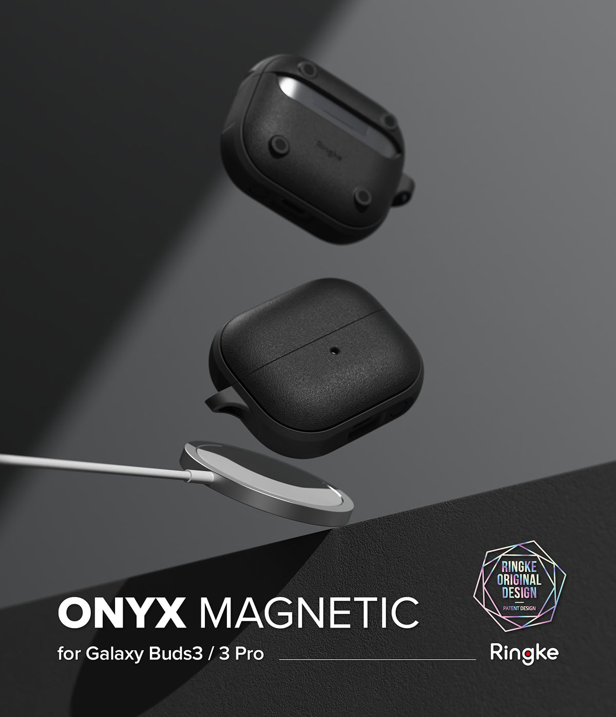 Galaxy Buds 3 Pro / 3 / 3 FE | Onyx Magnetic - Black textured protective case floating above a magnetic wireless charger.