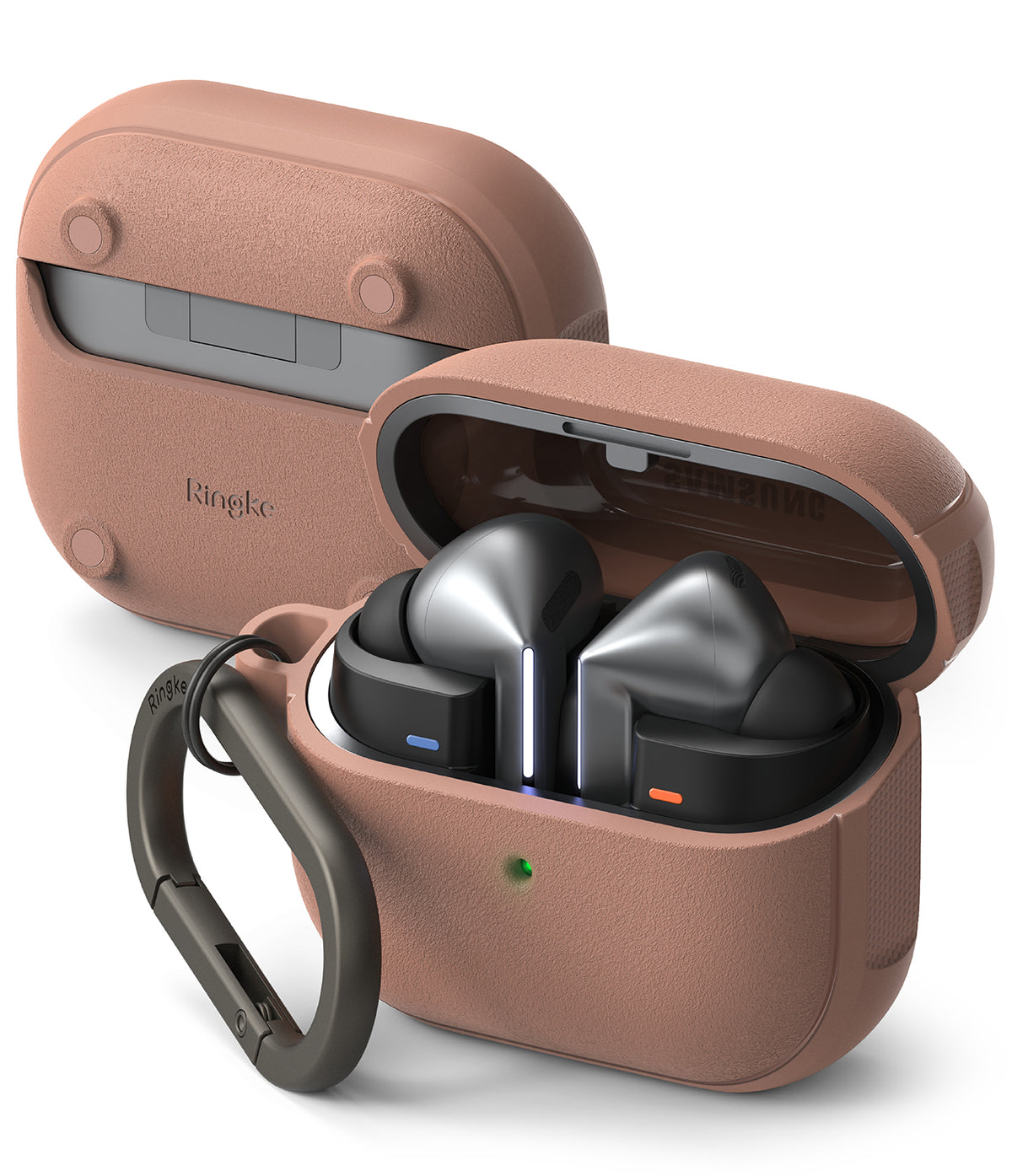 Galaxy Buds 3 Pro / 3 / 3 FE | Onyx Magnetic - Metallic earbuds in an open, textured rose-gold case with a carabiner.