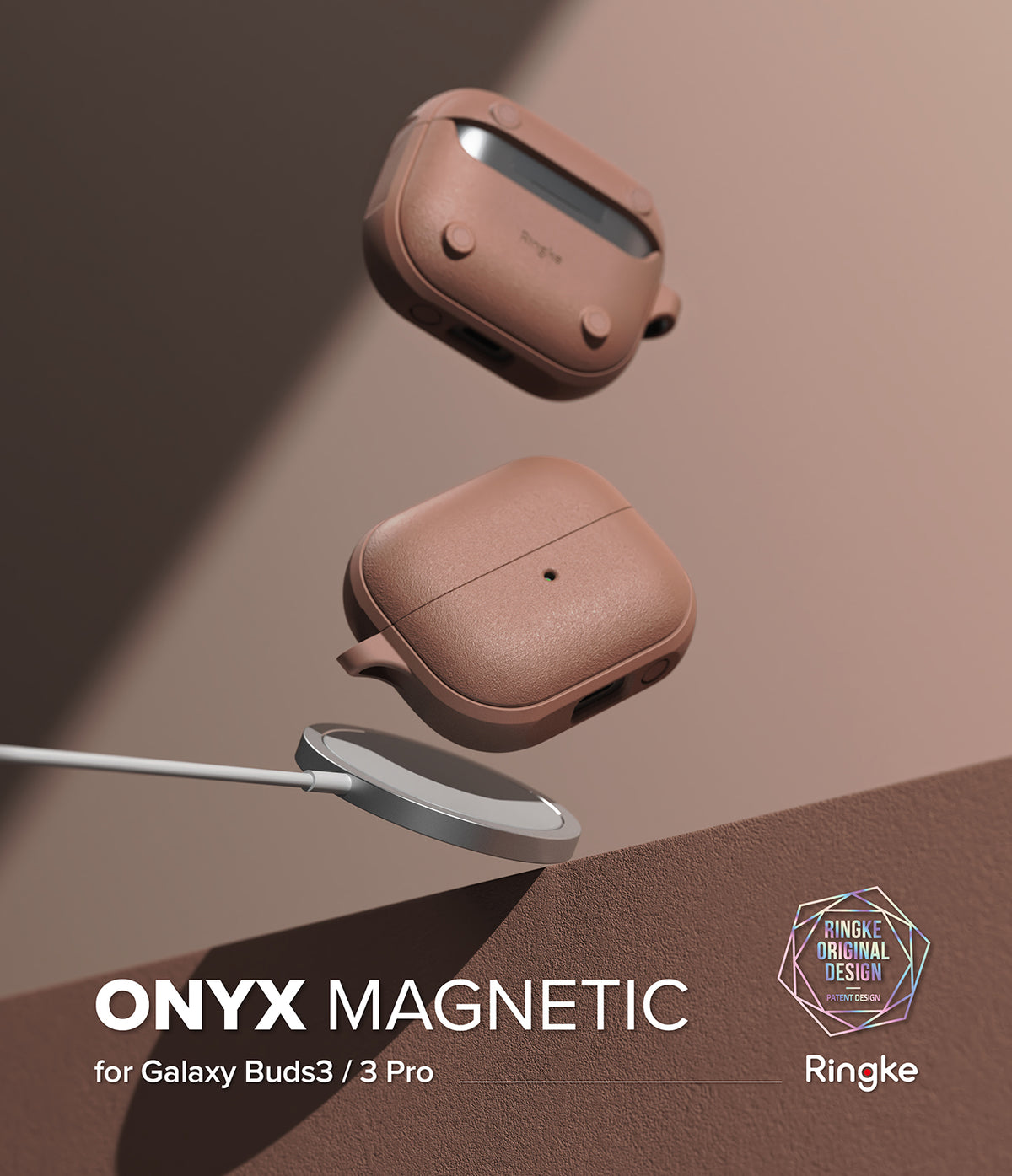 Galaxy Buds 3 Pro / 3 / 3 FE | Onyx Magnetic - Two textured brown earbud cases floating above a magnetic charger.