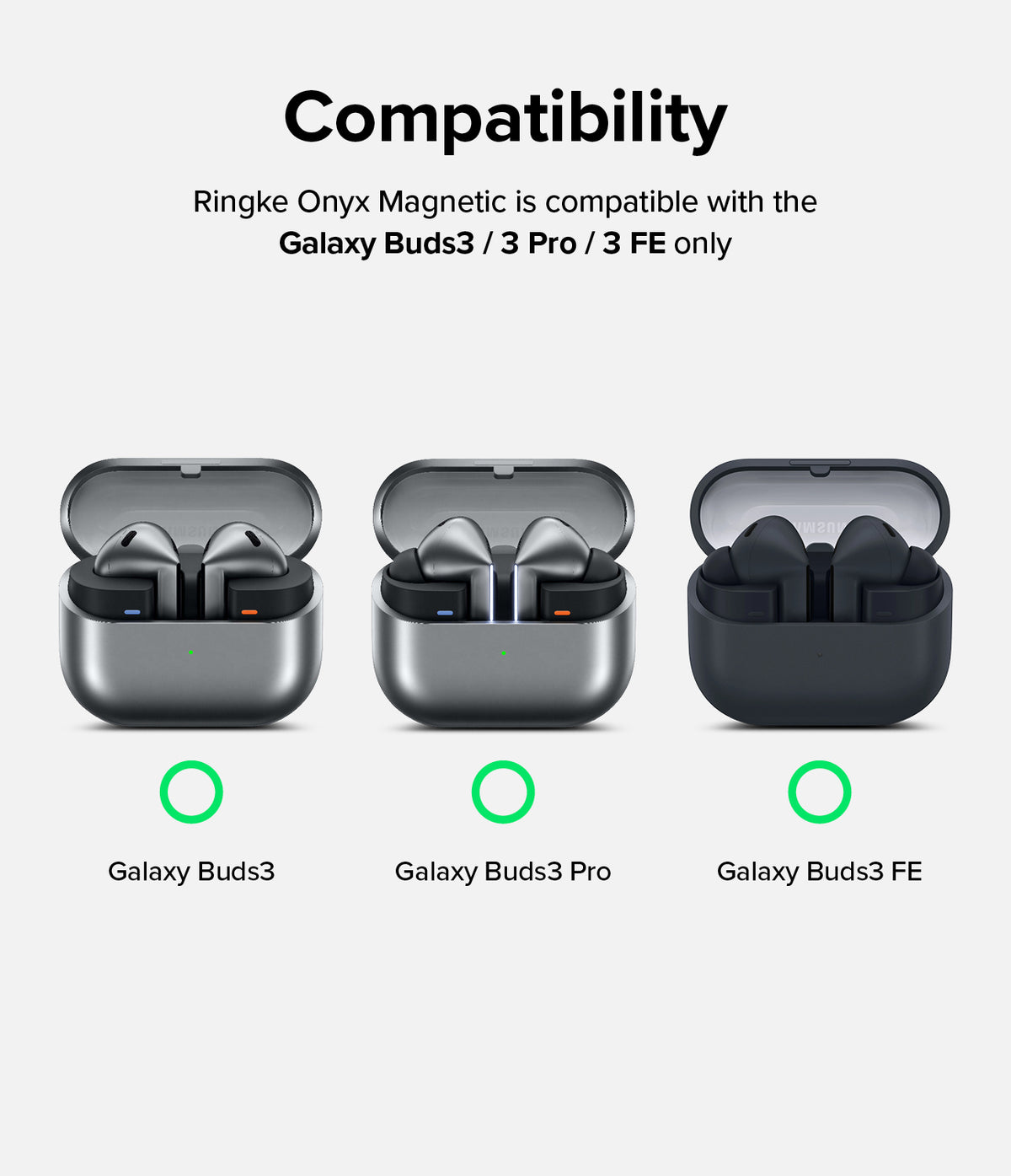 Galaxy Buds 3 Pro / 3 / 3 FE | Onyx Magnetic - Compatibility chart showing Galaxy Buds3, Pro, and FE models in cases.