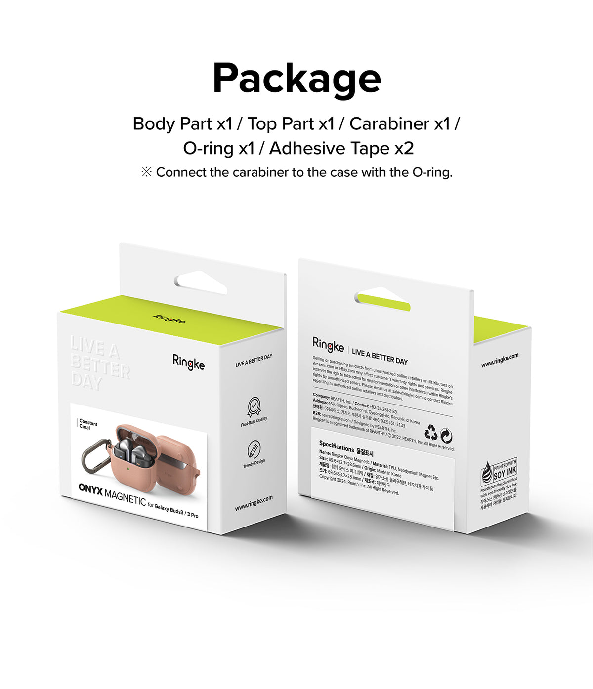 Galaxy Buds 3 Pro / 3 / 3 FE | Onyx Magnetic - Packaging box for Ringke Onyx Magnetic case showing contents and specifications.