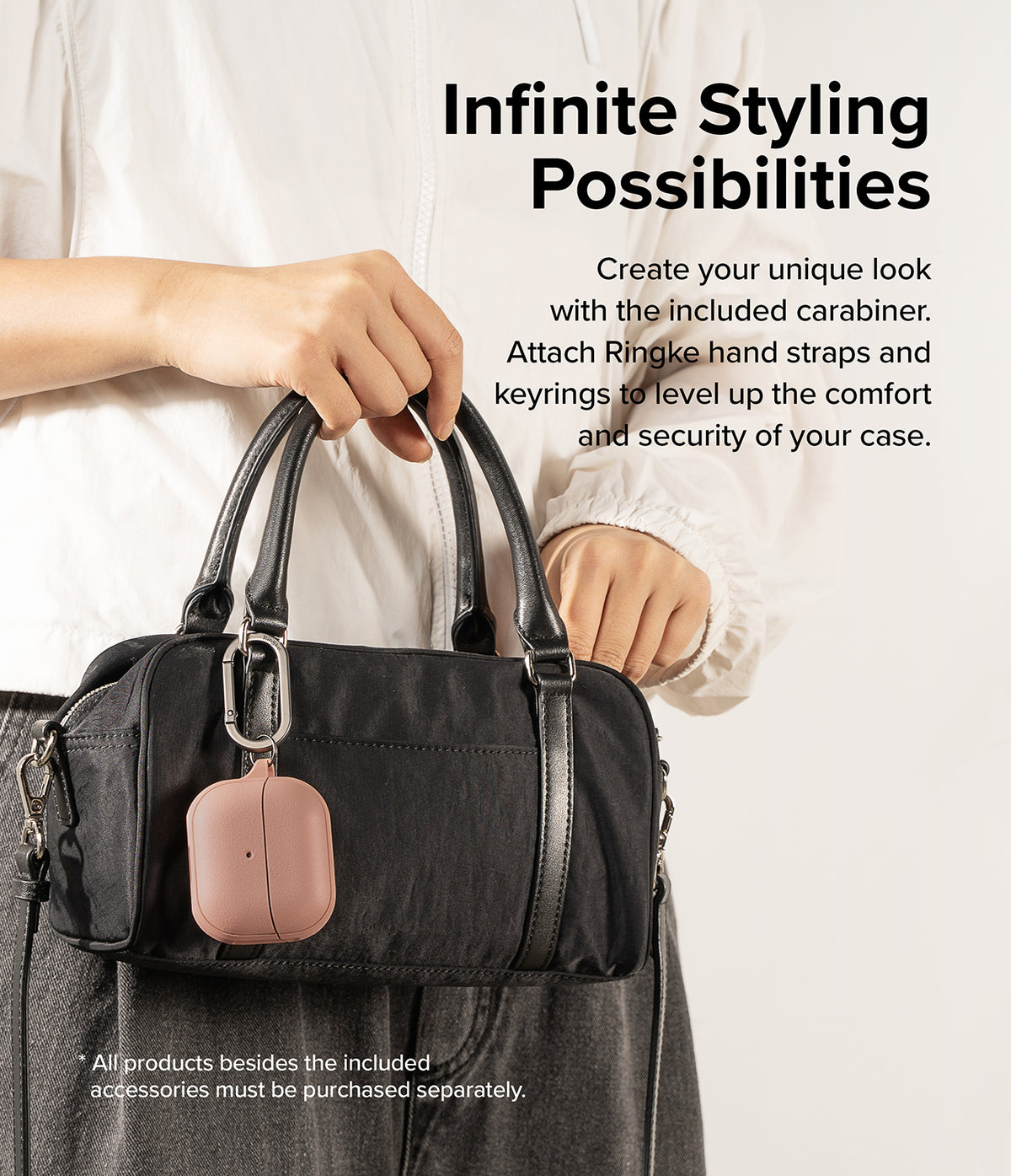 Galaxy Buds 3 Pro / 3 / 3 FE | Onyx Magnetic - A pink earbud case attached to a black handbag with a silver carabiner.