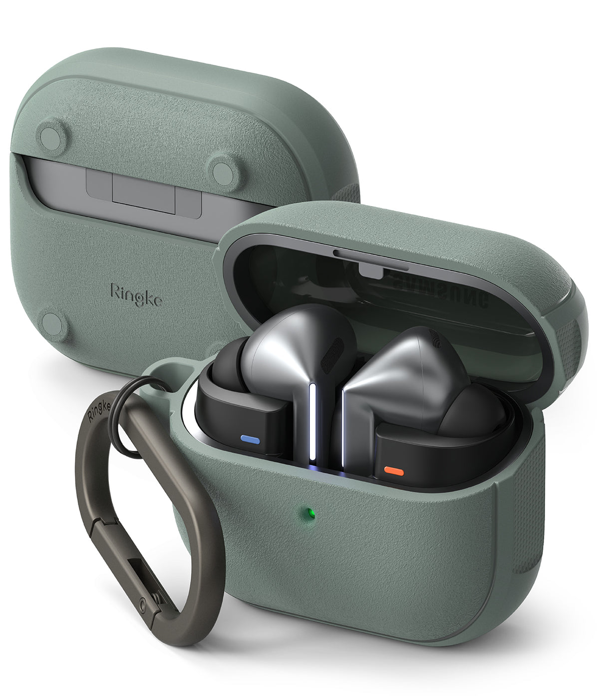 Galaxy Buds 3 Pro / 3 / 3 FE | Onyx Magnetic - Sage green textured cases for Galaxy Buds with a metal carabiner.