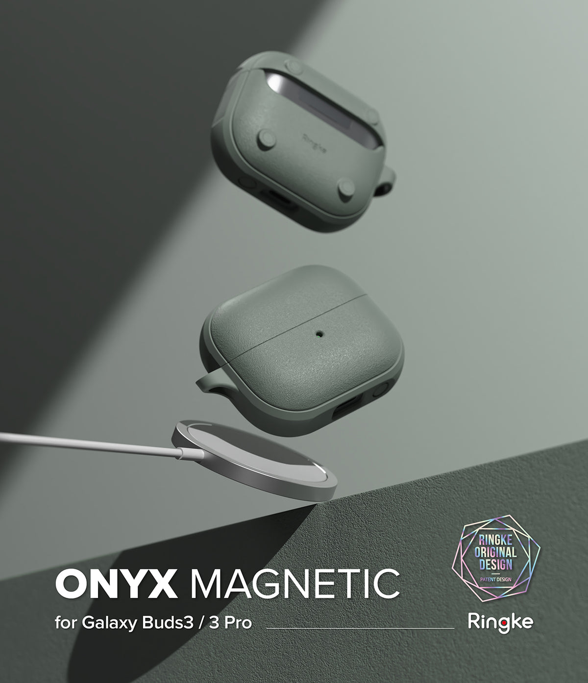 Galaxy Buds 3 Pro / 3 / 3 FE | Onyx Magnetic - Two sage green textured earbud cases floating above a magnetic charger.