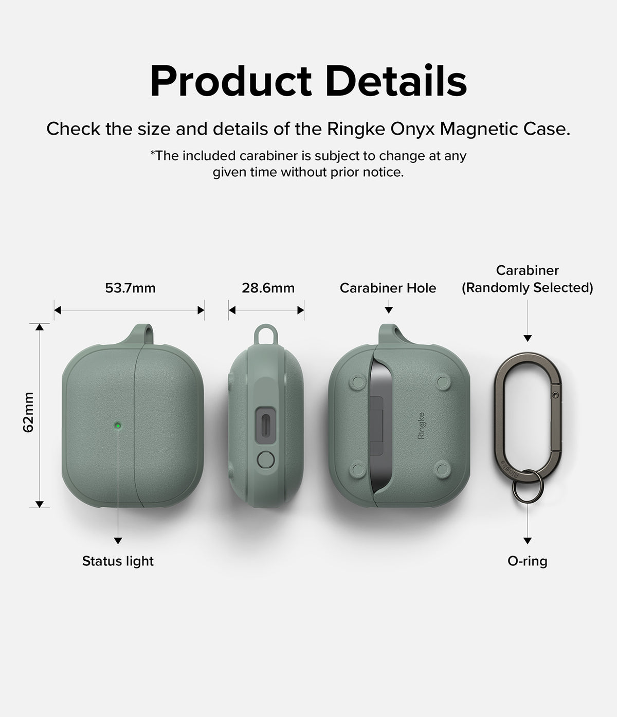 Galaxy Buds 3 Pro / 3 / 3 FE | Onyx Magnetic - Technical diagram showing dimensions and features of the green protective case.
