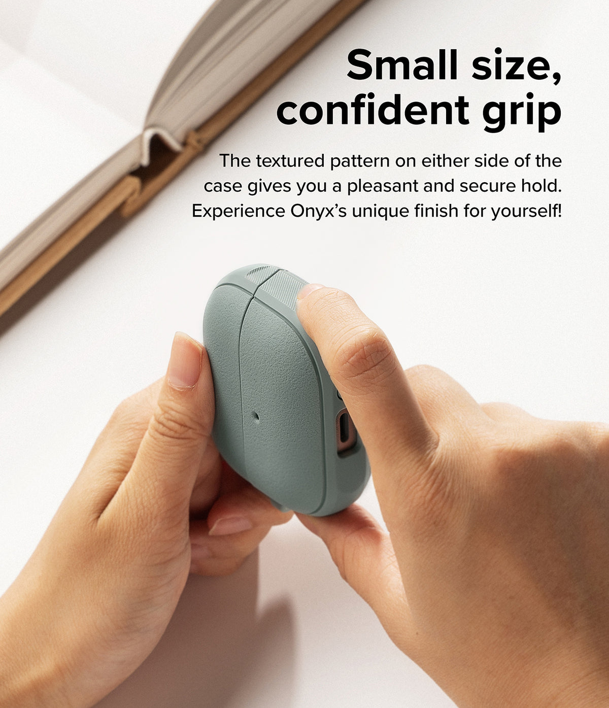 Galaxy Buds 3 Pro / 3 / 3 FE | Onyx Magnetic - Hands holding a textured, sage-green earbud case with a secure grip.