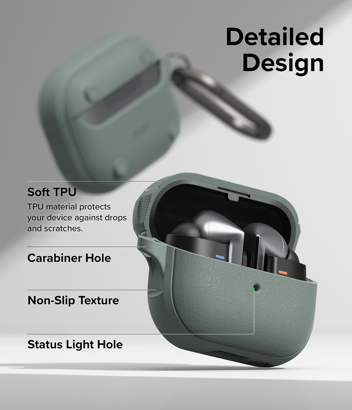 Galaxy Buds 3 Pro / 3 / 3 FE | Onyx Magnetic - Olive green TPU case for Galaxy Buds with labels for features.
