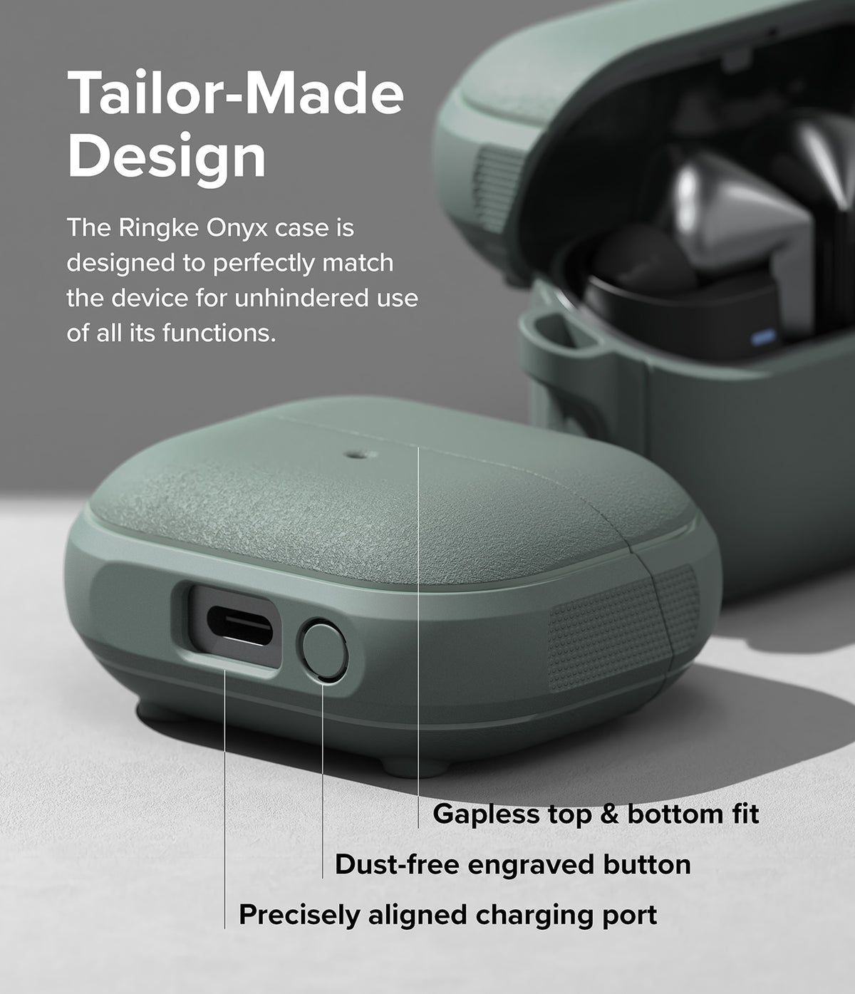 Galaxy Buds 3 Pro / 3 / 3 FE | Onyx Magnetic - Sage green protective case showing precise port, button, and fit.
