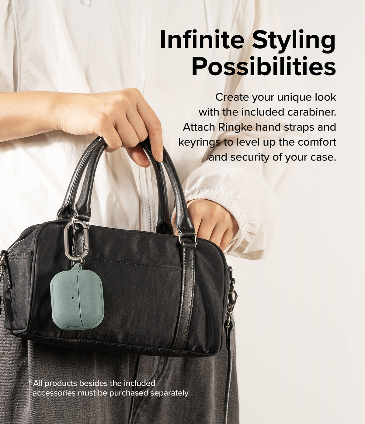 Galaxy Buds 3 Pro / 3 / 3 FE | Onyx Magnetic - Sage green earbud case with carabiner attached to a black handbag.