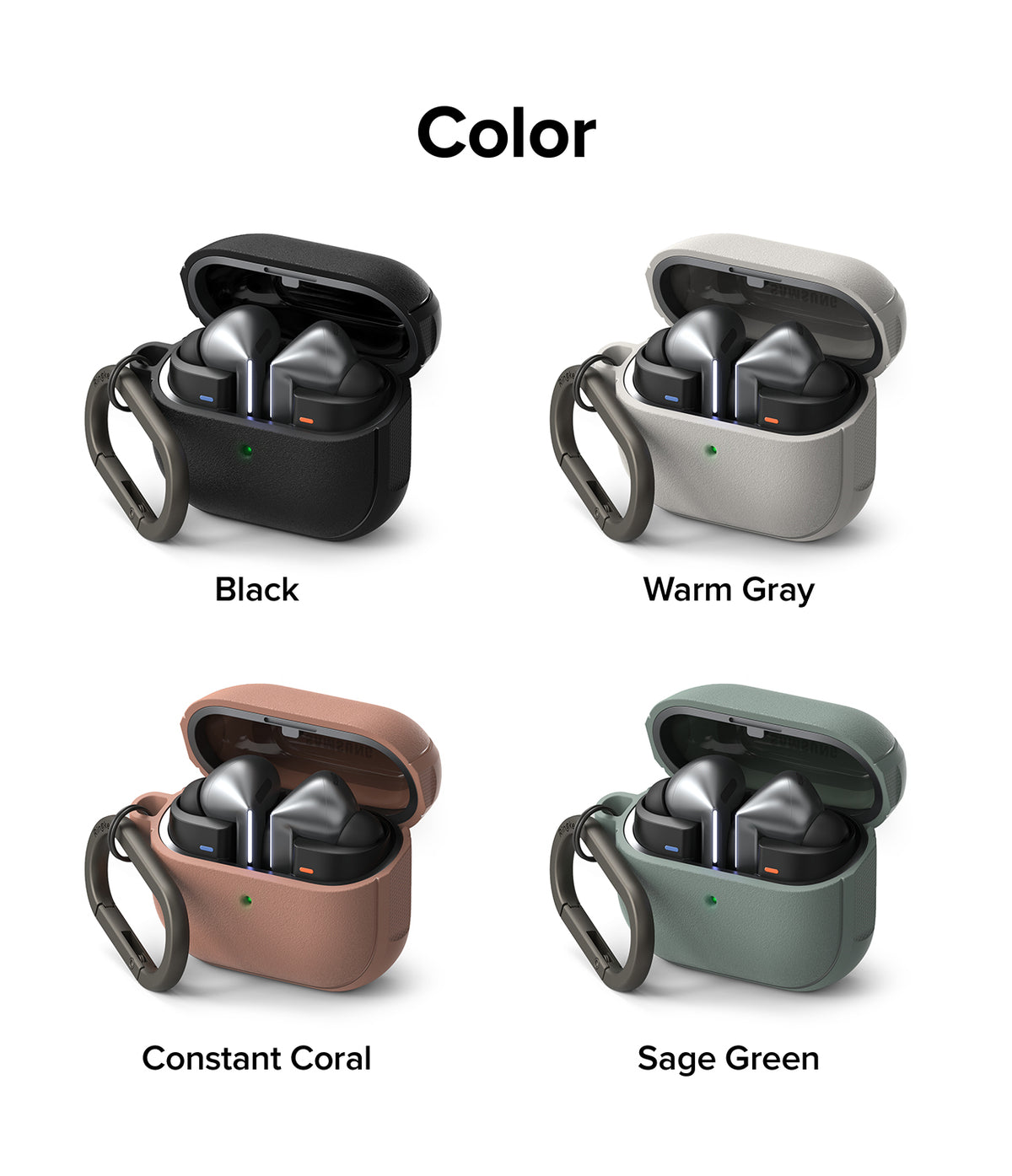 Galaxy Buds 3 Pro / 3 / 3 FE | Onyx Magnetic - Four open earbud cases in black, warm gray, coral, and sage green with carabiners.