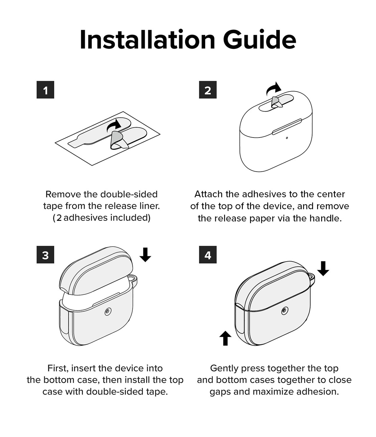Galaxy Buds 3 Pro / 3 / 3 FE | Onyx Magnetic - Four-step illustrated guide for installing a protective case.