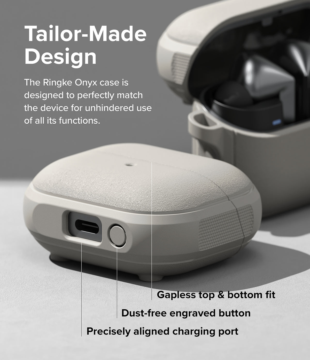 Galaxy Buds 3 Pro / 3 / 3 FE | Onyx Magnetic - Gray protective case on Galaxy Buds with labeled charging port and button.