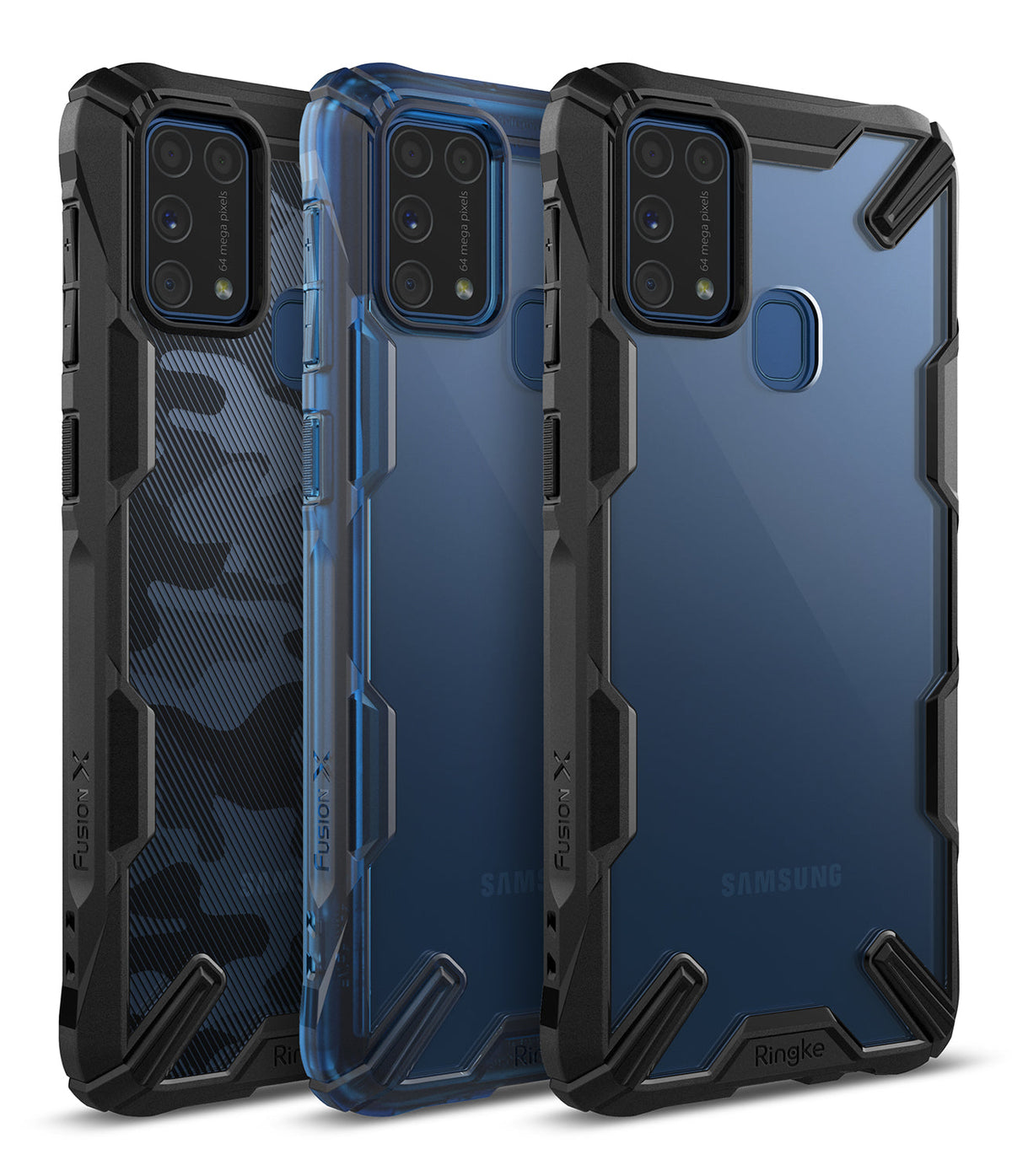 Galaxy M31 Case | Fusion-X - Three rugged Fusion-X phone cases in camo, blue, and clear, featuring black reinforced bumpers.