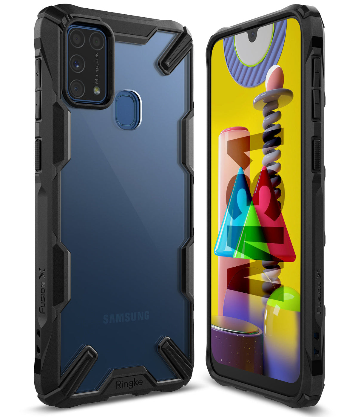 Galaxy M31 Case | Fusion-X - Rugged black protective case with a clear back panel shown from front and rear angles.