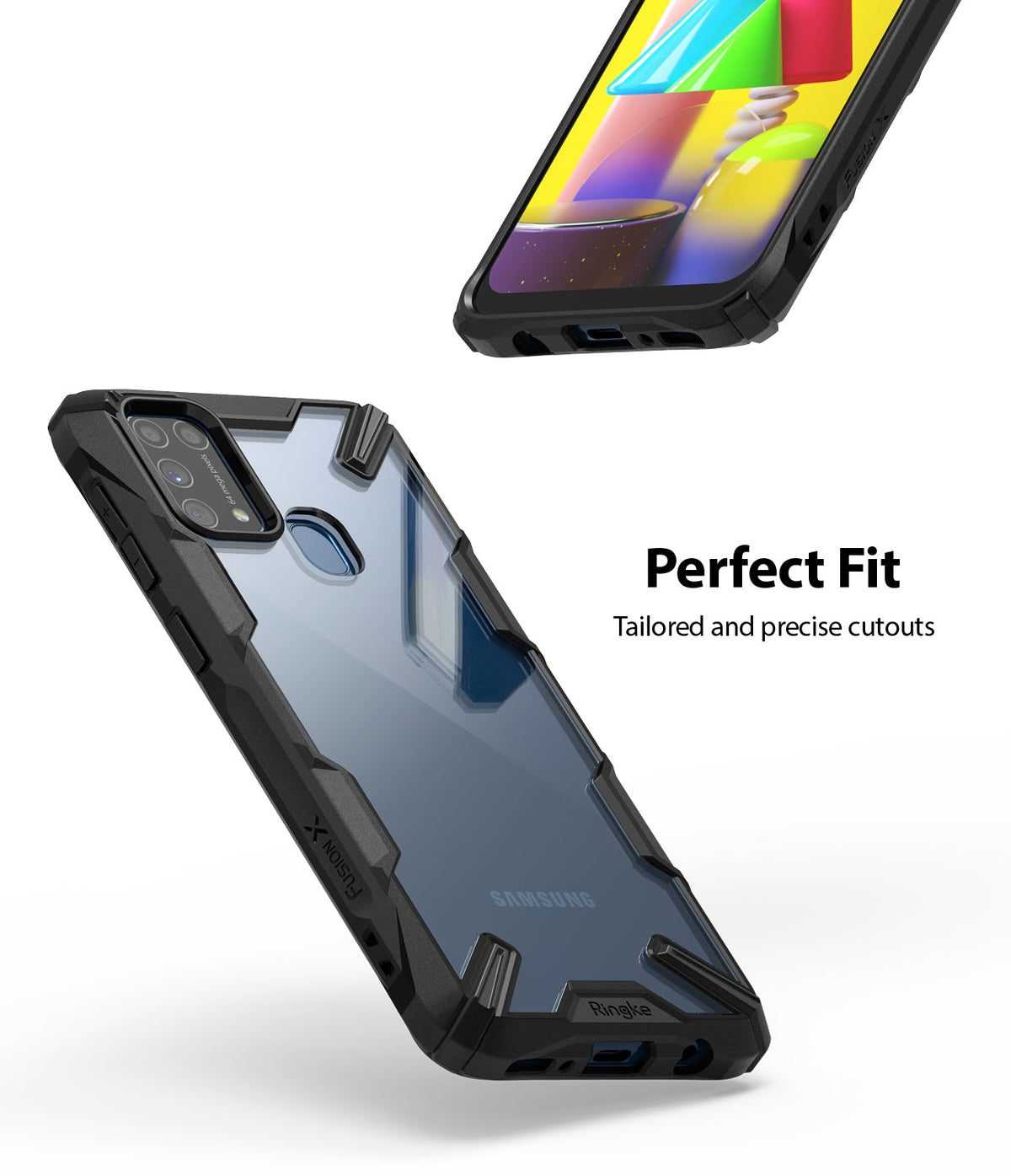 Galaxy M31 Case | Fusion-X - Black rugged phone case with clear back, showing precise cutouts and Samsung Galaxy M31 fit.