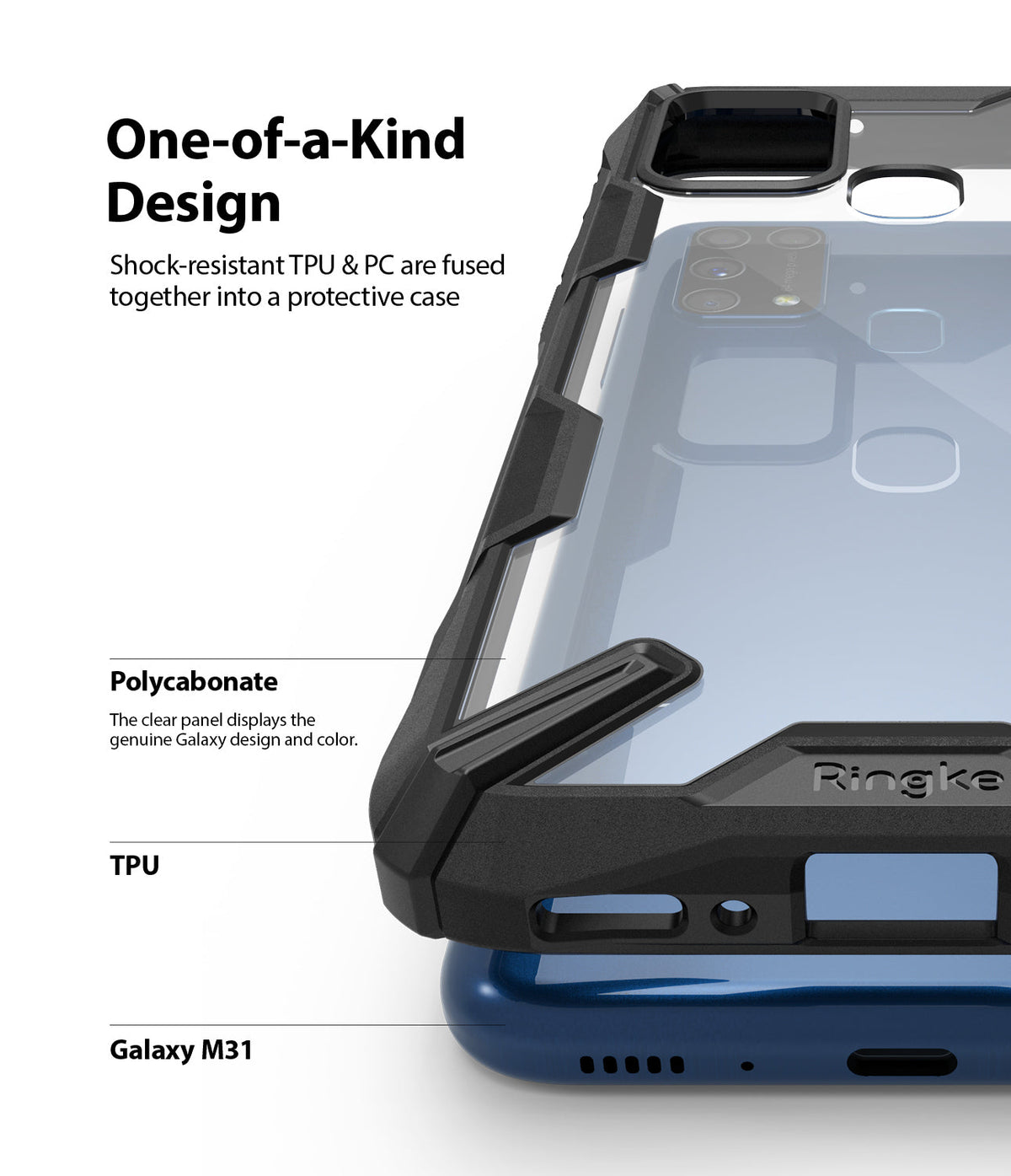 Galaxy M31 Case | Fusion-X - Close-up of a clear protective phone case with black shock-resistant bumpers on a blue Galaxy M31.