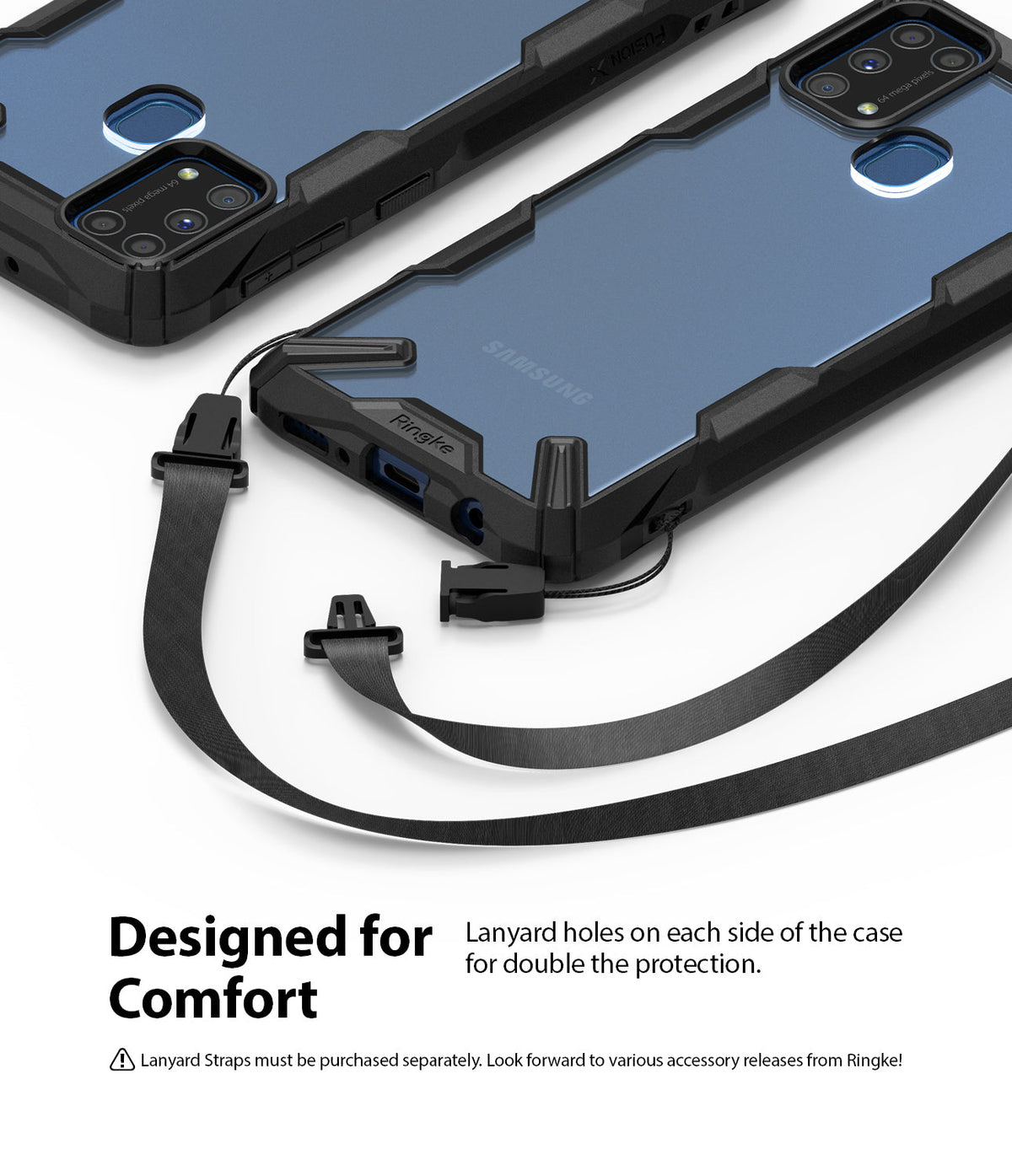 Galaxy M31 Case | Fusion-X - Two black protective phone cases with lanyard attachment points and a detachable black strap.