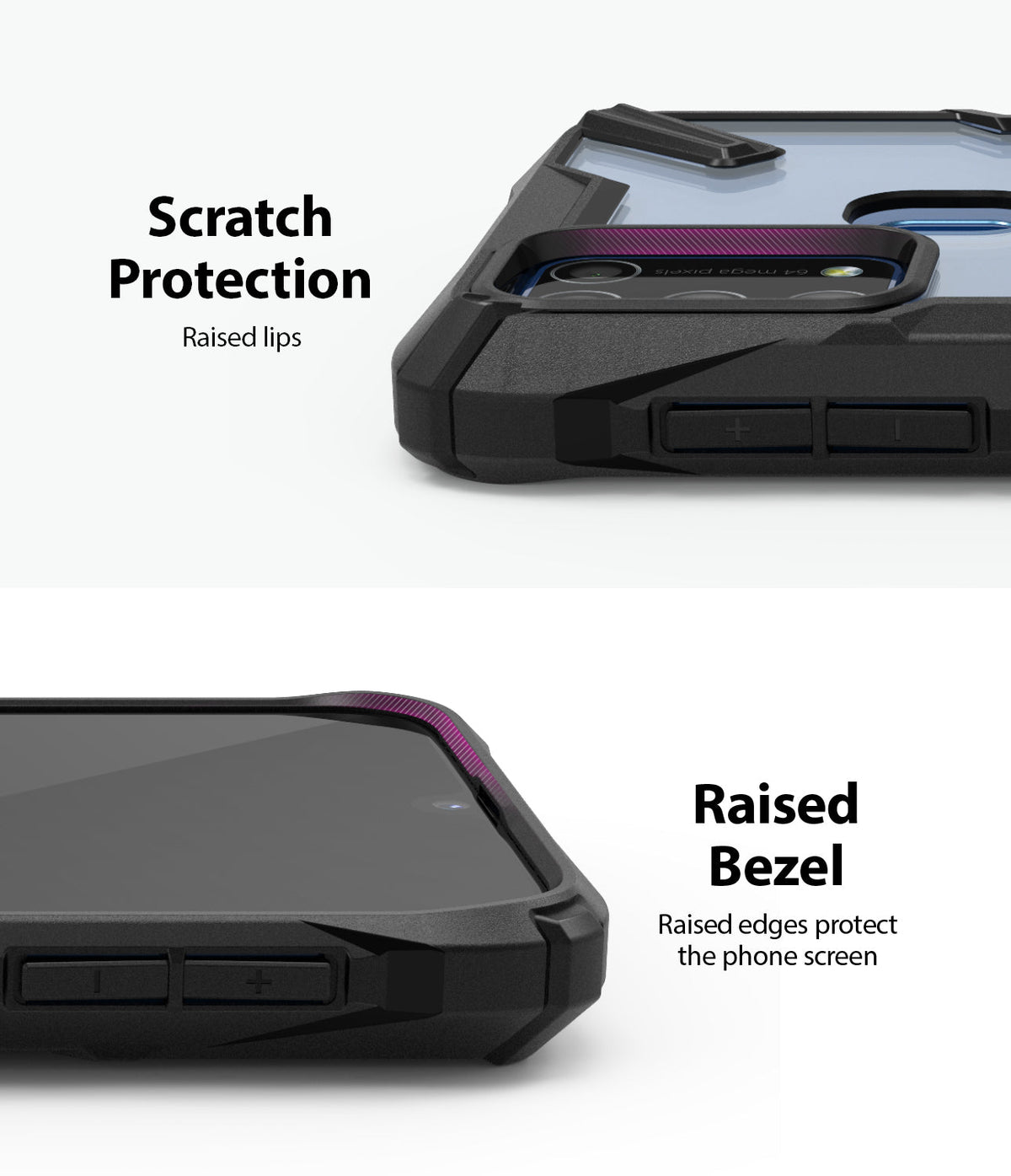 Galaxy M31 Case | Fusion-X - Close-up of black phone case showing raised camera lips and screen bezels for scratch protection.