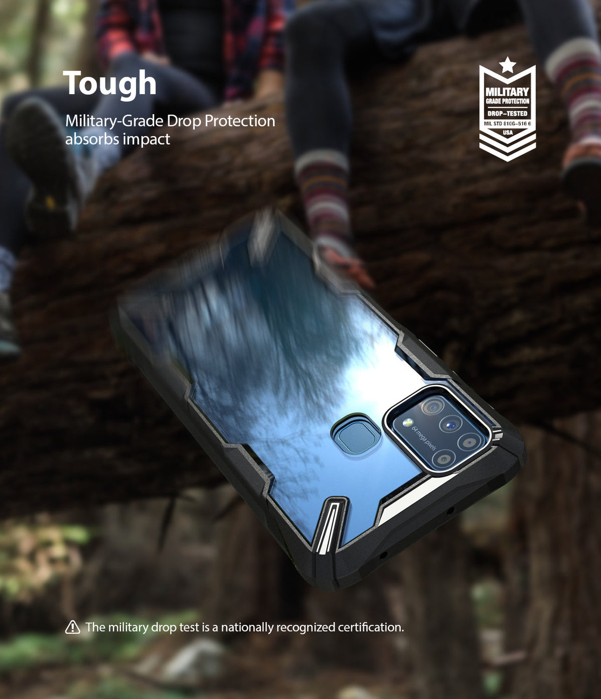 Galaxy M31 Case | Fusion-X - Black protective phone case falling against a blurred forest background with military-grade certification.