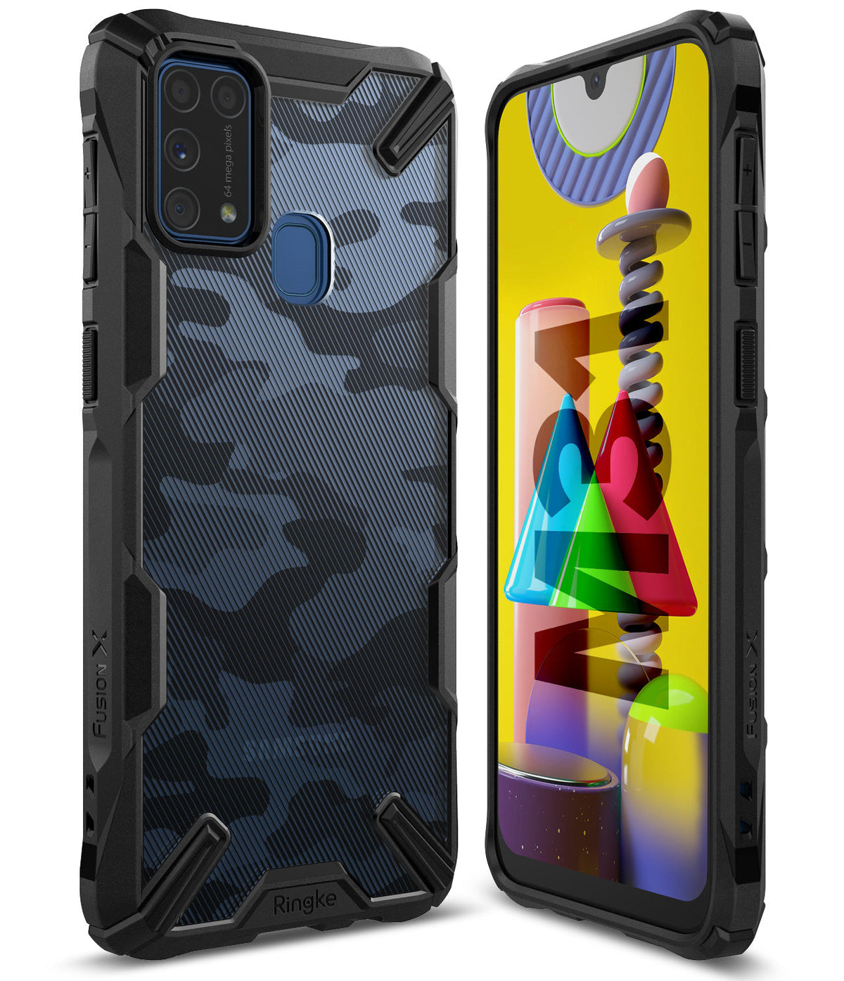 Galaxy M31 Case | Fusion-X - Black camouflage Fusion-X protective case for Galaxy M31 shown from front and back angles.