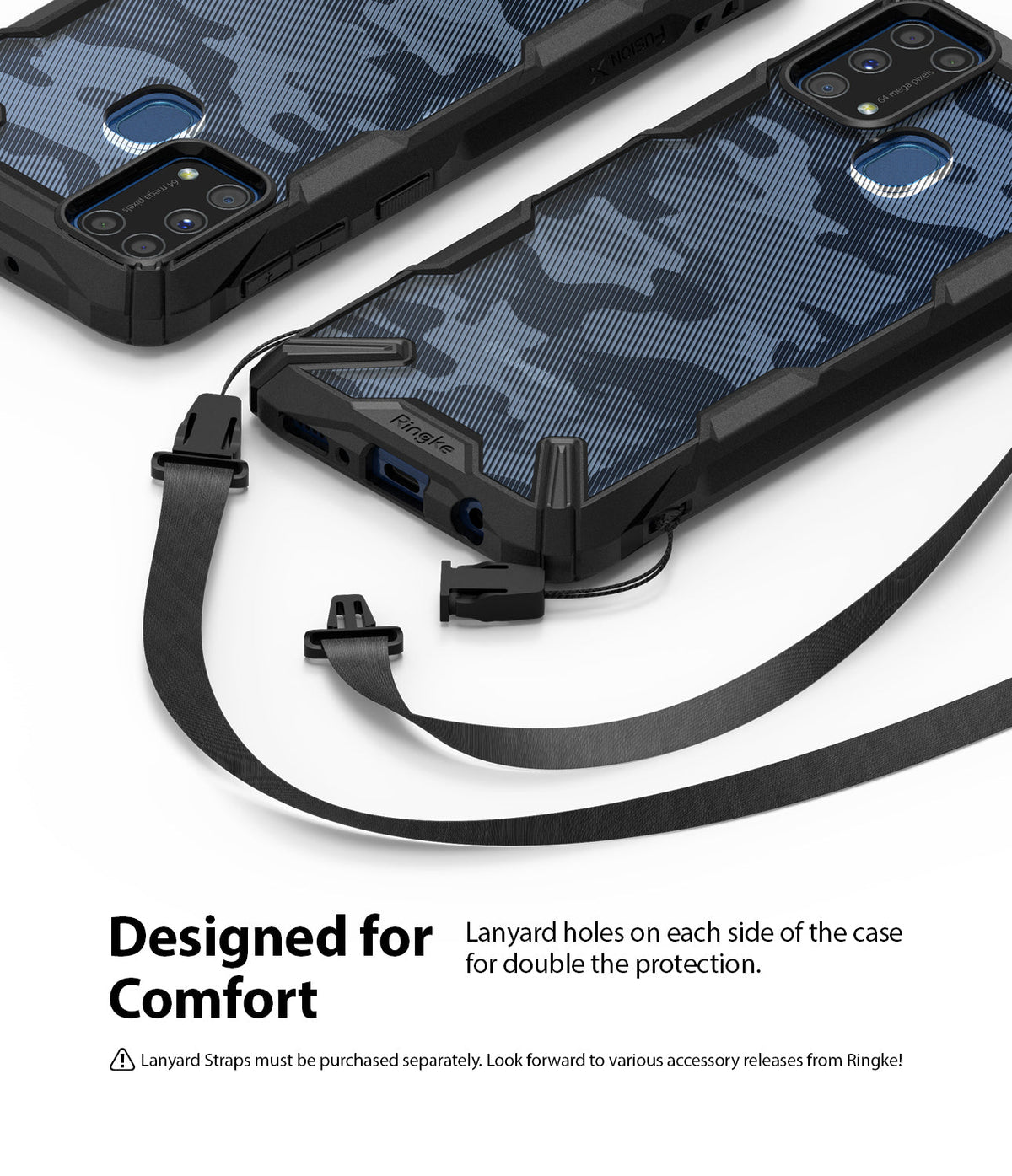 Galaxy M31 Case | Fusion-X - Two blue camo phone cases with black bumpers and integrated lanyard attachment points.