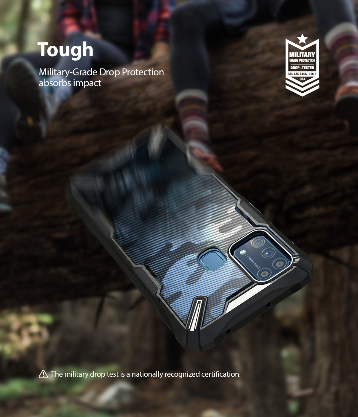 Galaxy M31 Case | Fusion-X - Camo phone case with military-grade drop protection badge against a blurred outdoor background.