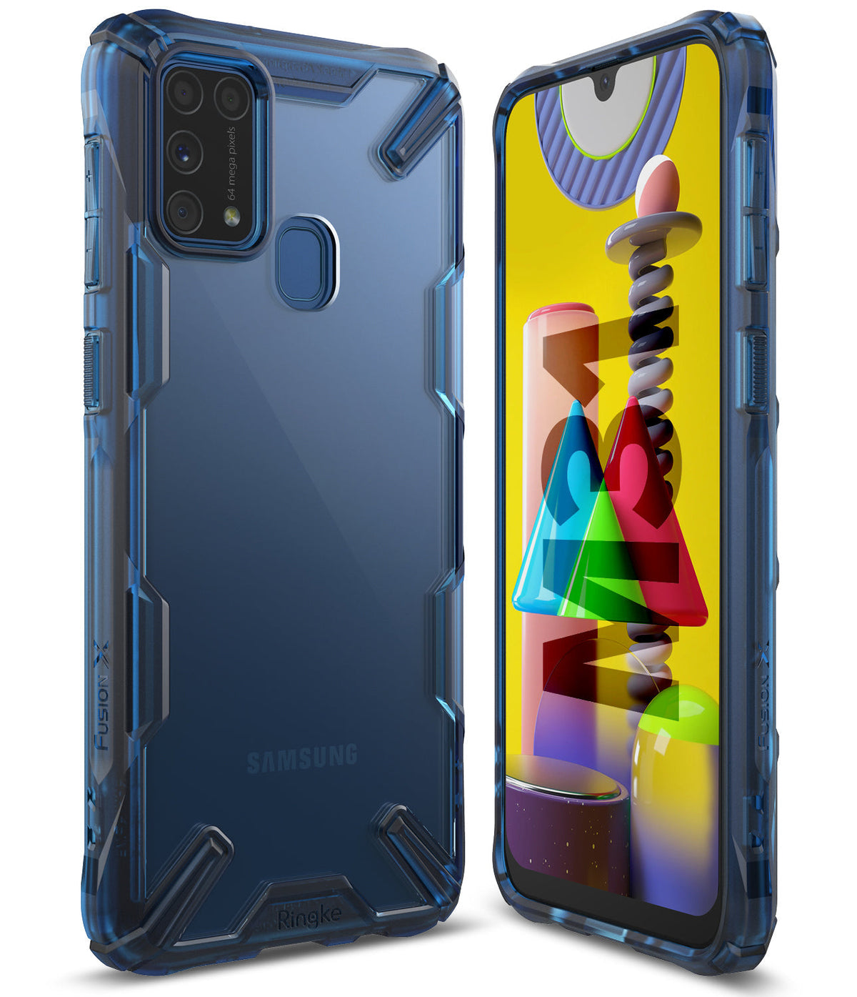 Galaxy M31 Case | Fusion-X - Translucent blue rugged phone case shown from back and front angles with a colorful screen display.