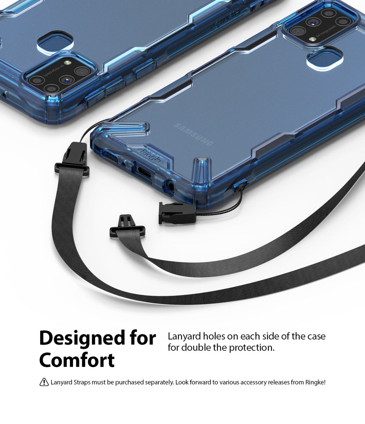 Galaxy M31 Case | Fusion-X - Blue transparent phone cases with lanyard attachment points and a detachable black neck strap.